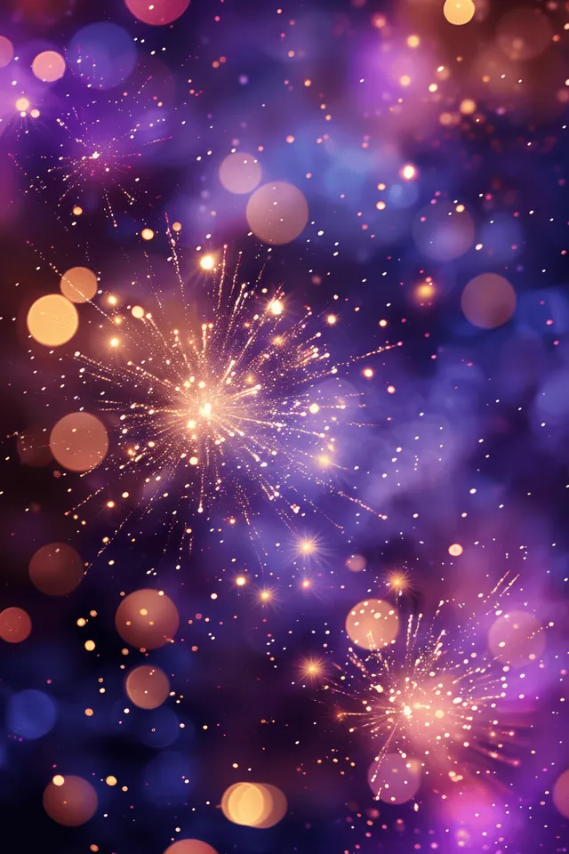 Purple and gold fireworks burst over bokeh lights on festive winter celebration background