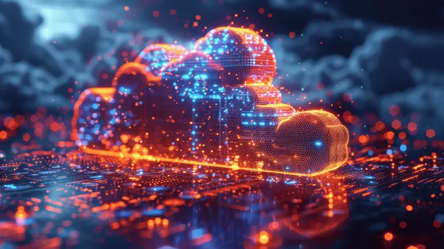 A glowing cloud-shaped padlock made of connected data nodes over a dark blue cyber background.