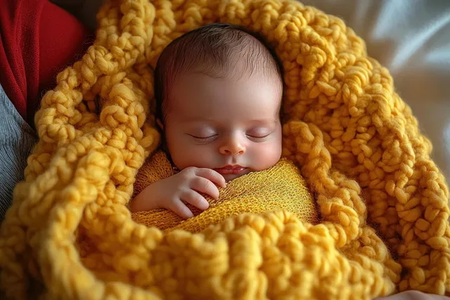A newborn baby sleeping peacefully wrapped in a thick mustard yellow knitted blanket in soft natural light.