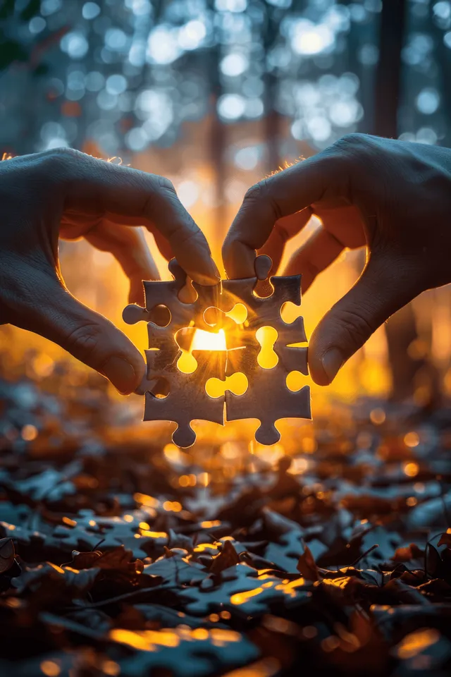 Two hands hold glowing puzzle pieces arranged into a heart shape on a forest floor at sunset.