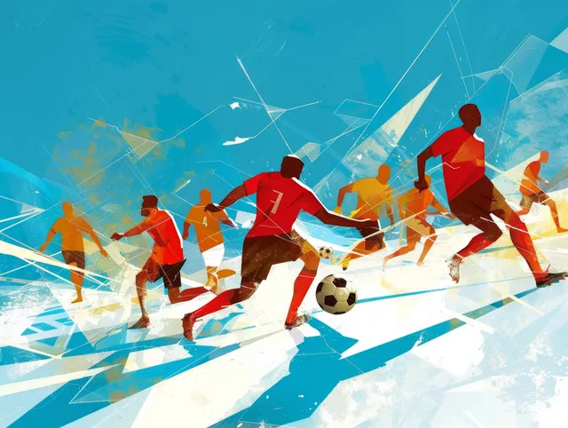 Men’s soccer qualifiers artwork shows players sprinting, passing, and scoring under bright blue sky