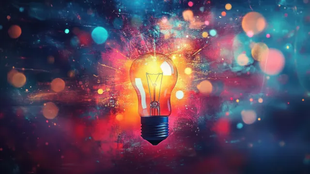 A glowing light bulb with filament floats over a colorful spark-filled bokeh background.