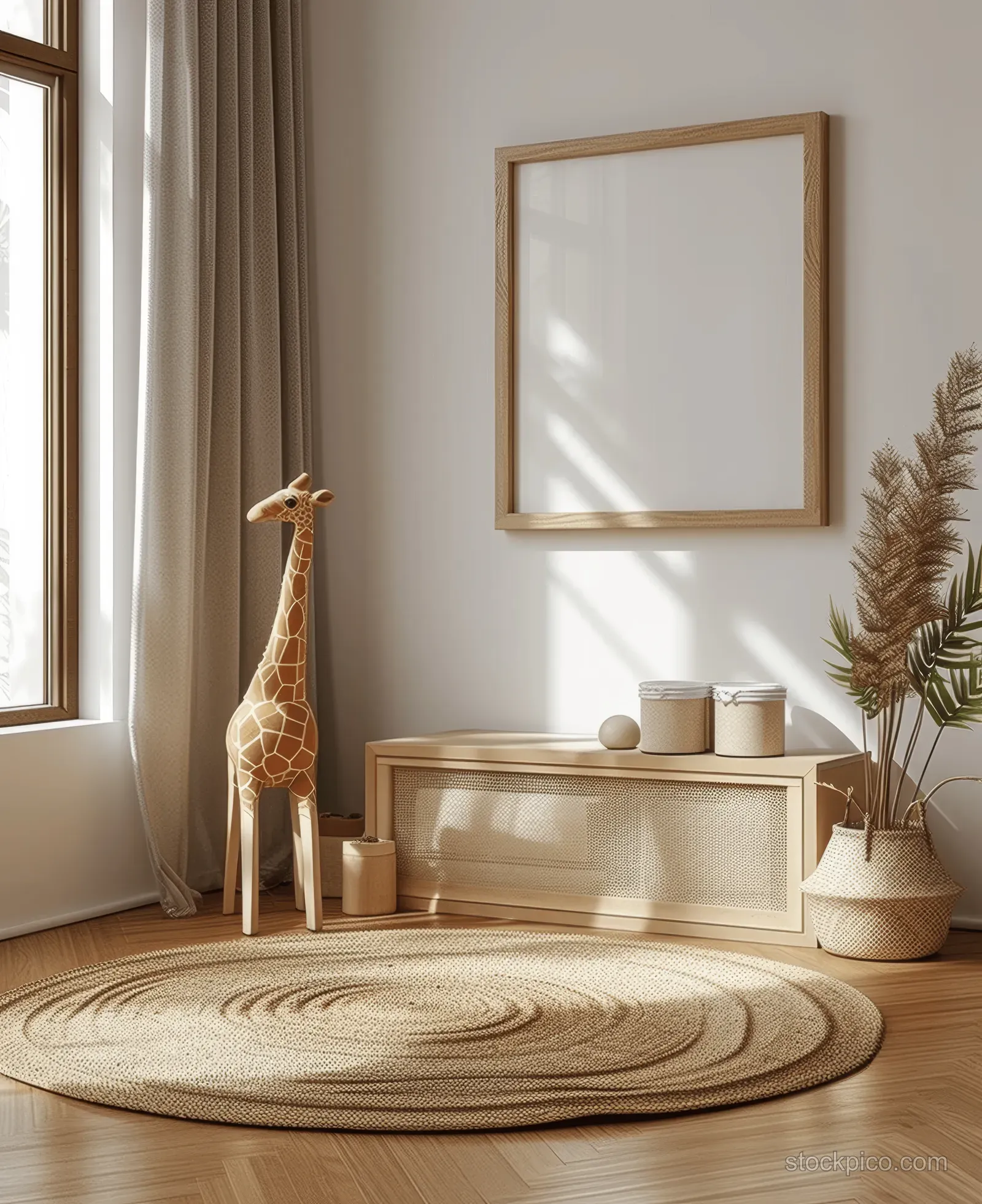 Scandinavian-style kids room mockup with a wooden wall frame, jute rug, and natural decor under soft light.