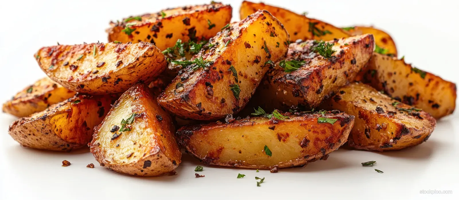 Golden roasted potato wedges with herbs and spices stacked on a white background.