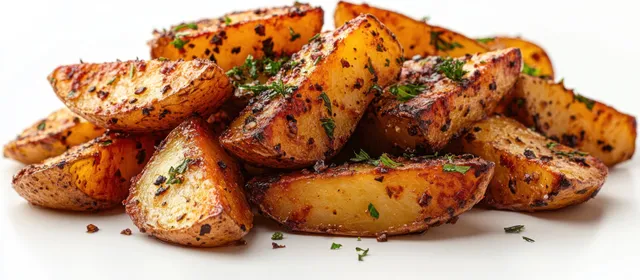 Golden roasted potato wedges piled on white background with herbs and spices