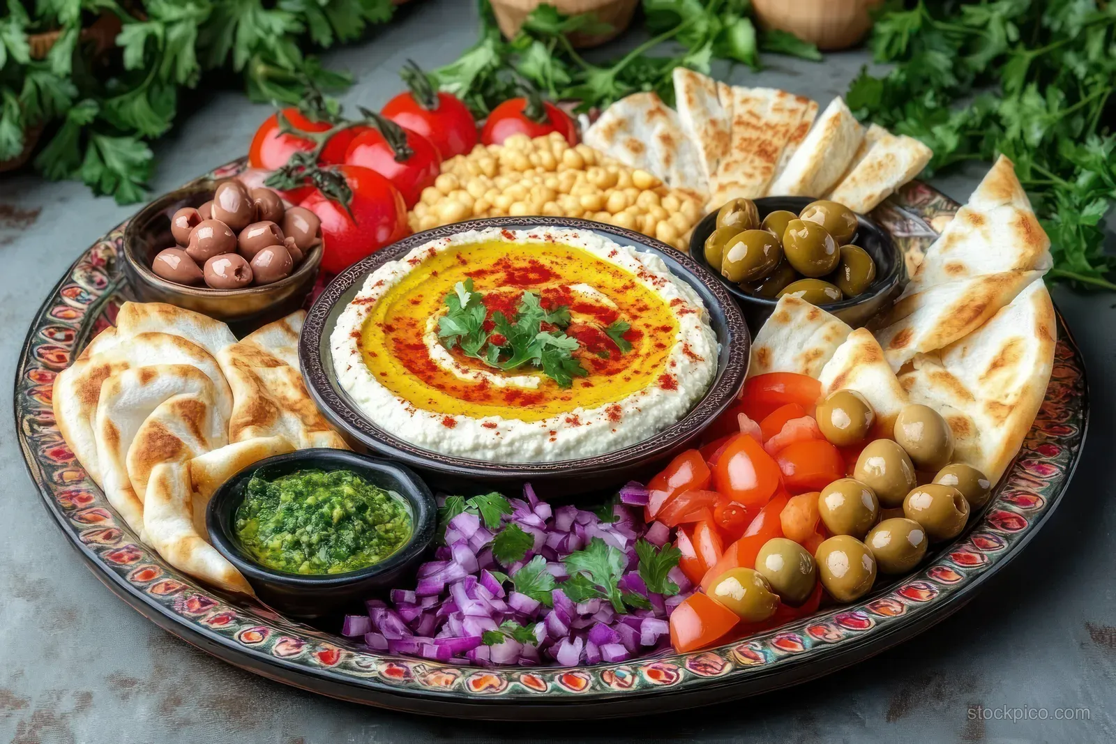 Mediterranean platter featuring hummus in a bowl surrounded by pita, olives, chickpeas, chopped onions, and cherry tomatoes.