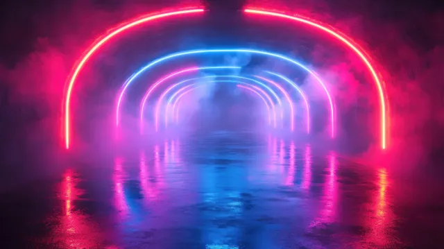 Neon tunnel reflection on wet asphalt with pink and blue light fog patterns