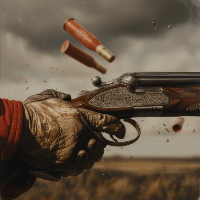 Gloved shooter aims shotgun at flying clay target outdoors