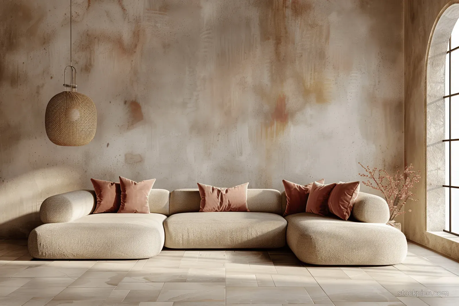 Beige corner sofa with terracotta pillows in a textured plaster room beside an arched window with daylight.