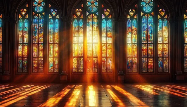 Gothic cathedral interior with stained glass windows and golden sunlight beams across a stone floor.