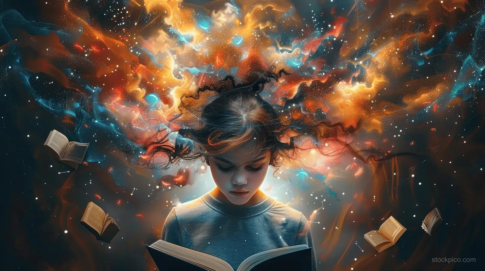 A young person reading as glowing floating books and symbols swirl around in vibrant abstract energy.