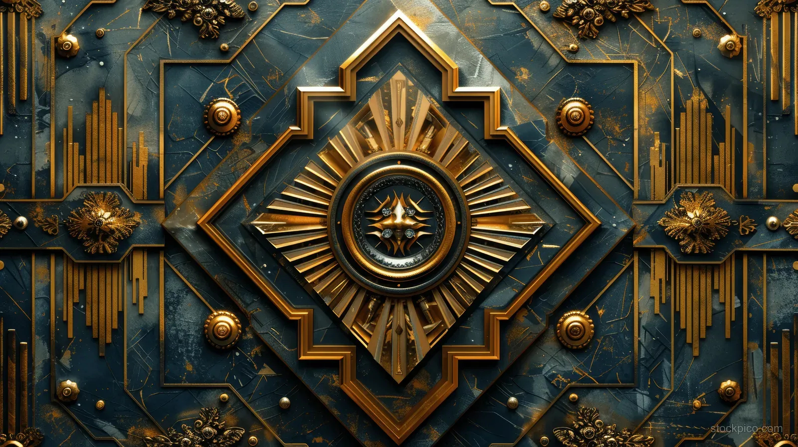 Central gold Art Deco crest framed by geometric panels on a deep blue ornamental background with symmetrical gold details.