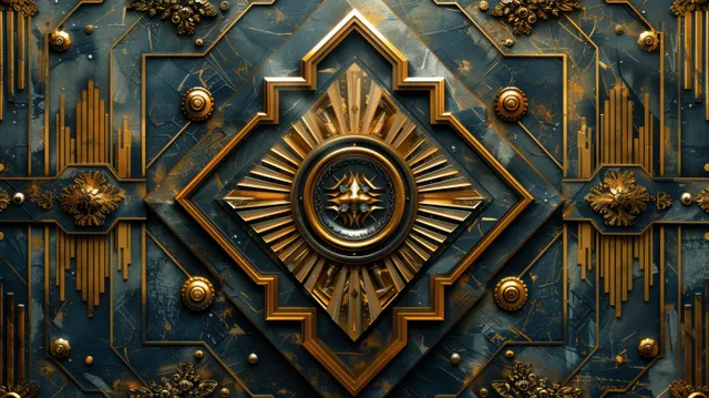 Central gold Art Deco crest framed by geometric panels on a deep blue ornamental background with symmetrical gold details.