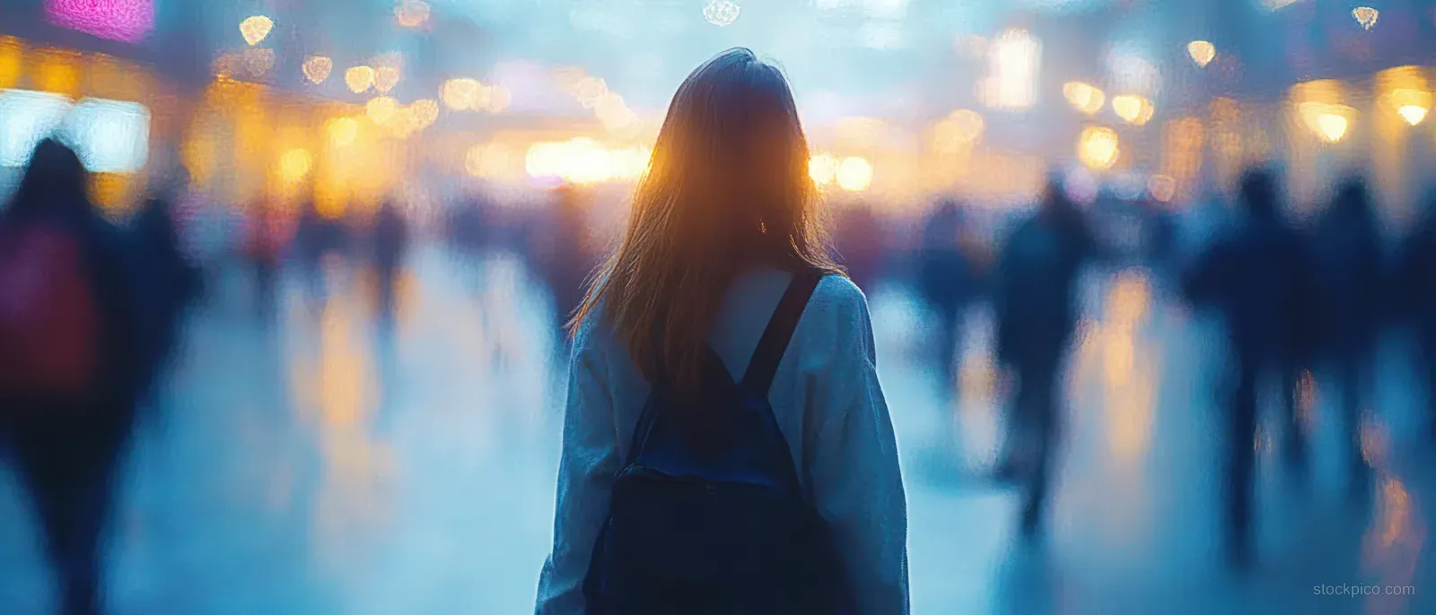 Young woman in a blue coat walking away through a busy airport terminal as blurred travelers move behind her.