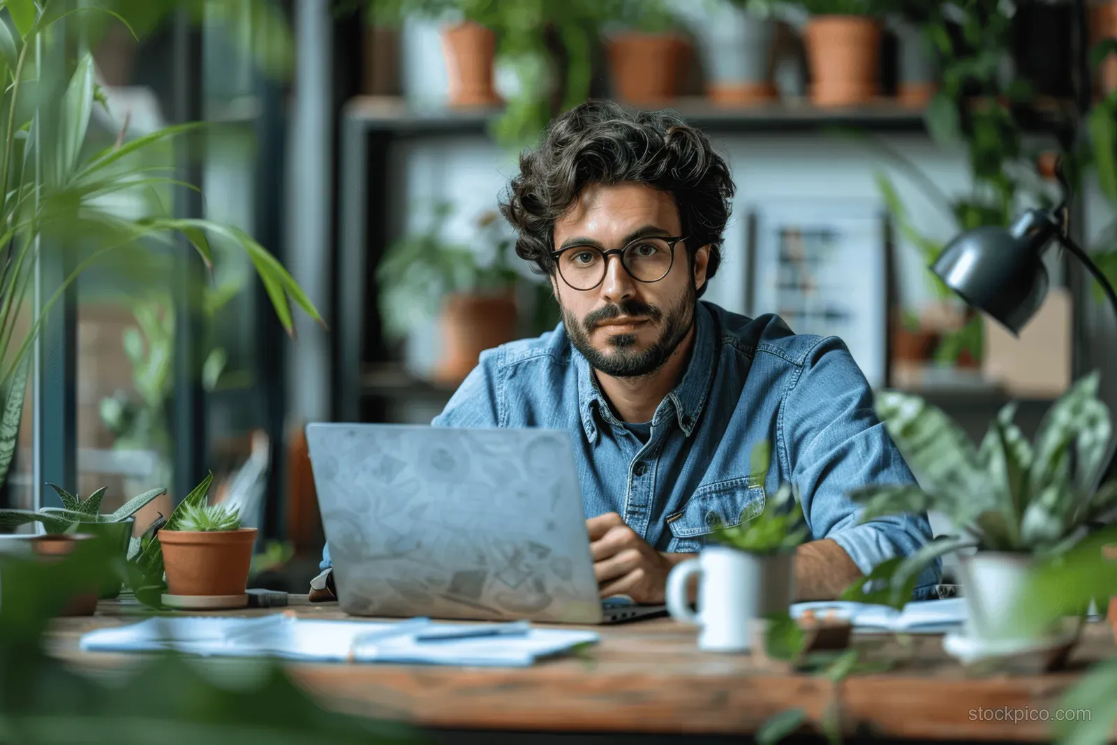 A young professional writes in a notepad at a desk with a laptop and coffee cup in a home office.