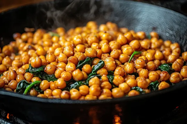 Steaming chickpeas with green leafy vegetables simmer in a black skillet under visible seasoning.