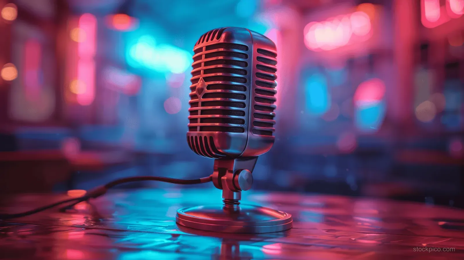 Vintage chrome microphone on a table with colorful neon bokeh lights softly blurred behind it.