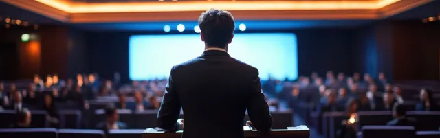 A speaker stands on stage facing a seated audience in a conference hall with glowing screens.