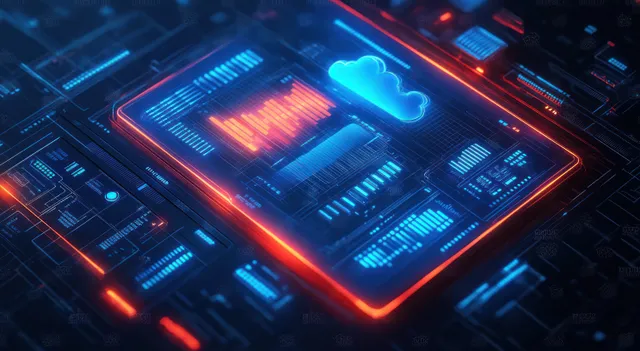 Neon holographic panels show data links flowing through a cloud computing circuit grid with glowing nodes.