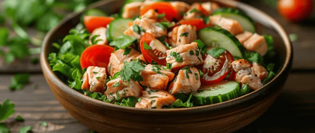 Wooden bowl of grilled salmon salad with leafy greens, herbs, cherry tomatoes, and cucumber slices.