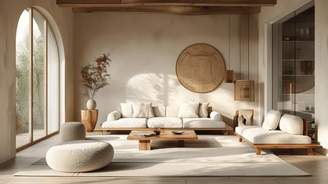 Minimalist Japandi living room interior with beige seating, wood table, arched window, and warm daylight.