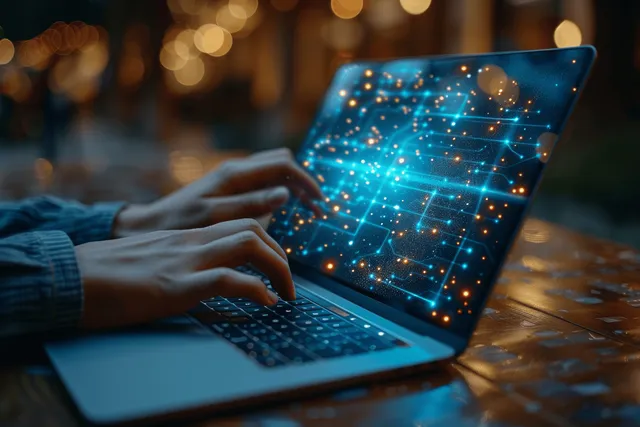 Young woman typing on laptop with glowing AI learning interface in virtual classroom