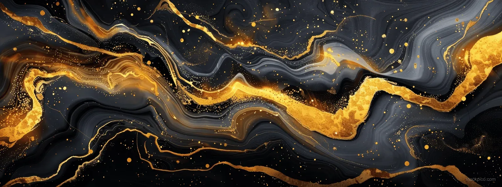 Black and gold abstract marble waves with flowing texture and speckled highlights.