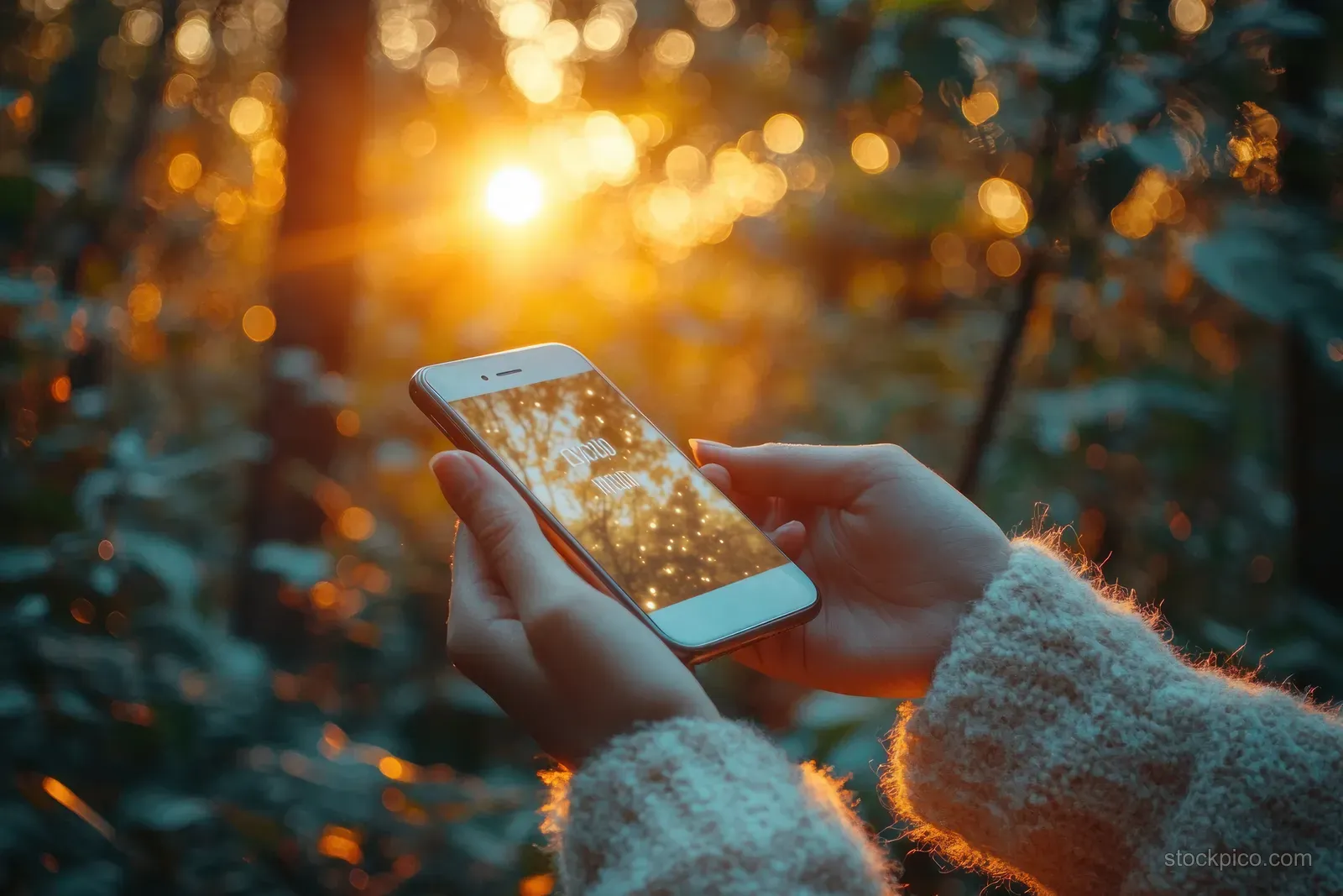 A woman holds a smartphone outdoors at sunset, using a glowing web search screen with soft bokeh background.