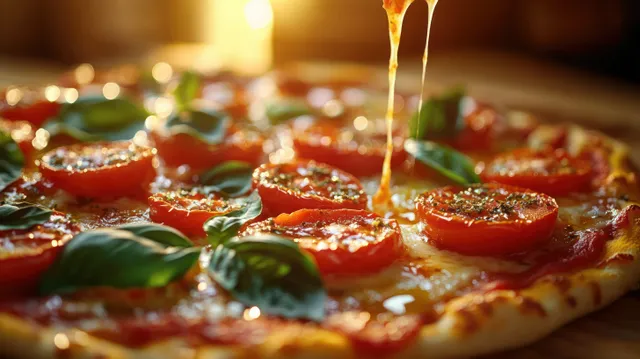 Close-up pizza with tomato basil and olive oil drizzle under warm sunset lighting