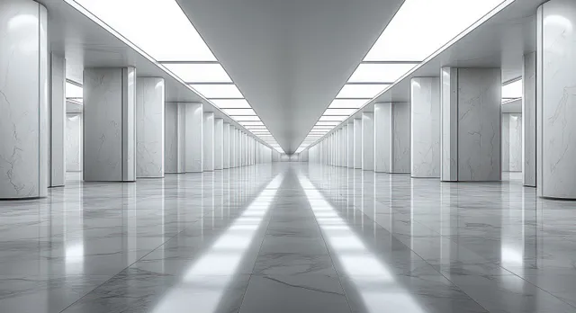 Minimal empty corridor with white walls and evenly spaced square ceiling light panels receding into the distance.