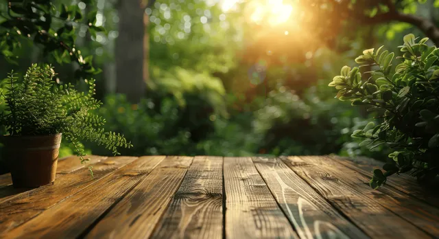 Sunlit wooden tabletop in a garden with potted plants and green leaves in the background.