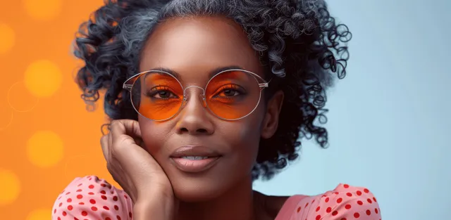 African American model wearing retro futurist round sunglasses against pop art polka backdrop