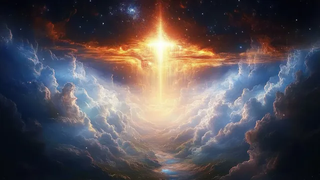 Cosmic genesis scene with radiant cross-like light beam among glowing nebula clouds