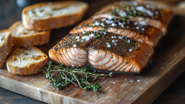 Seasoned salmon fillets with coarse salt and herbs sit on a wooden cutting board beside slices of crusty bread.
