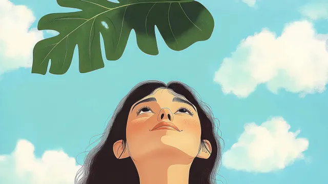 A young woman gazes upward under a large tropical leaf against a bright blue sky.