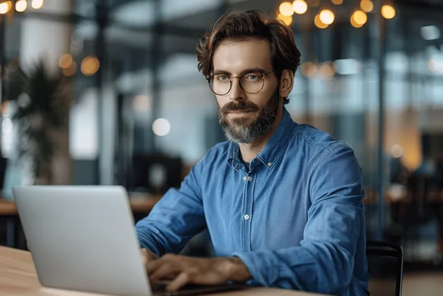 Focused businessman typing on laptop at glass-walled desk in a tech office