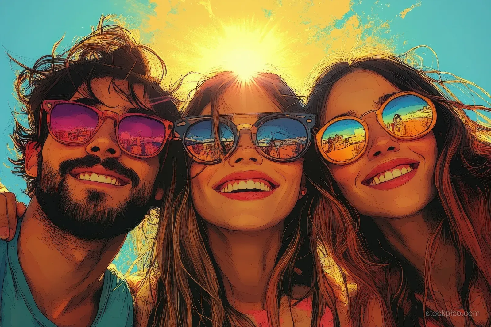 Four friends smile for a selfie illustration, wearing colorful sunglasses with warm sunset lighting.