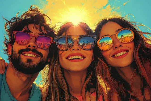 Four friends take a colorful selfie, smiling with sunglasses and warm sunset glow