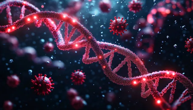 Glowing red DNA double helix with virus-like particles drifting in dark scientific background