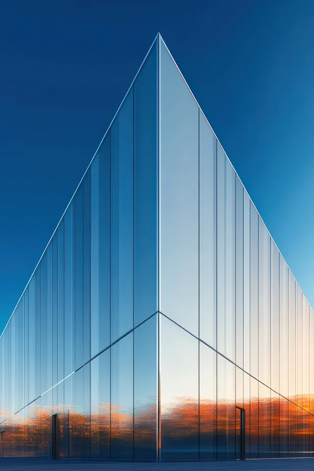 A modern glass skyscraper corner reflects an orange and blue sunset across its vertical panels.