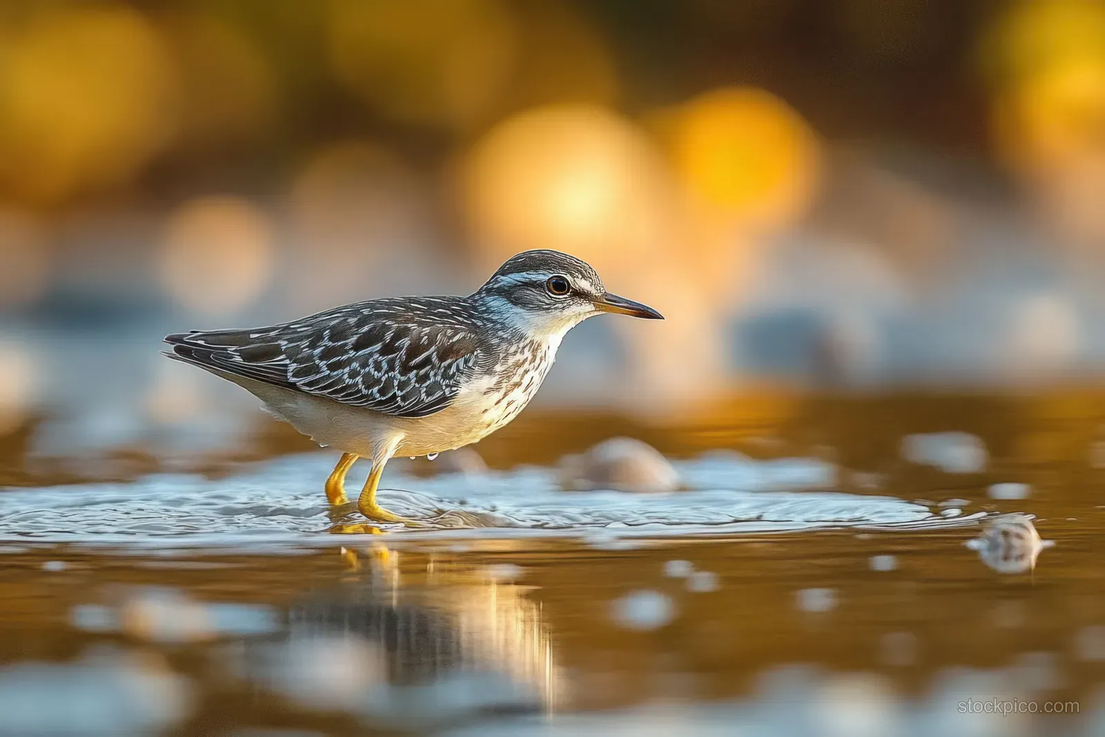 A small shorebird wades in shallow water, its yellow legs and reflection visible under golden light.