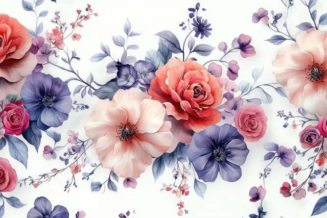 Seamless watercolor floral pattern with pink and peach roses, blue flowers, and leaves on a light pastel background.