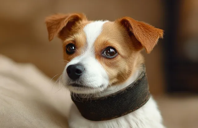 Small tan-and-white dog sitting on a beige couch indoors, wearing a dark collar and looking attentive.
