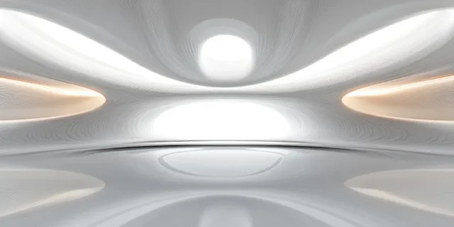 Futuristic white interior with flowing curves and glowing circular skylights