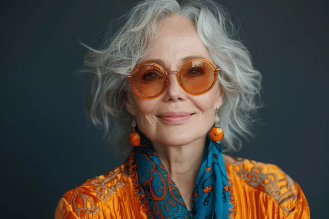 Smiling senior woman laughs wearing orange sunglasses and a colorful patterned shirt against a dark studio background.