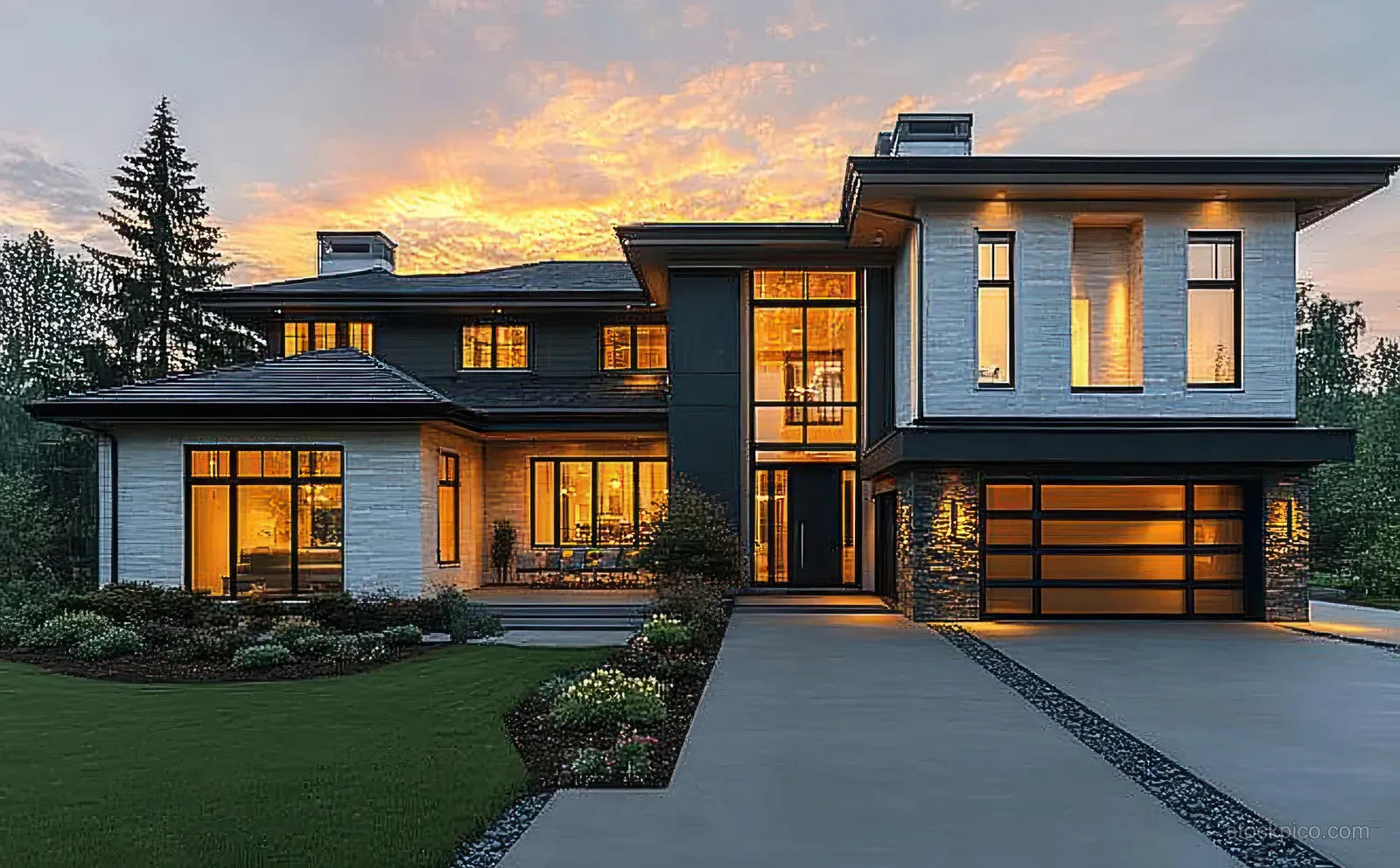 Sunset-lit modern mansion facade with warm golden windows and a wide driveway leading to the garage.