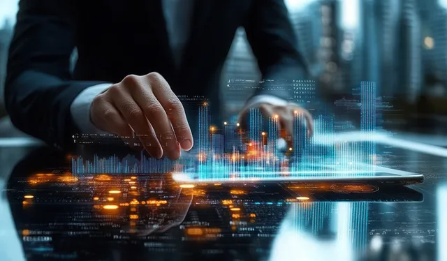 Analyst’s hand taps a tablet displaying glowing financial graphs with floating data overlays over a night city view.