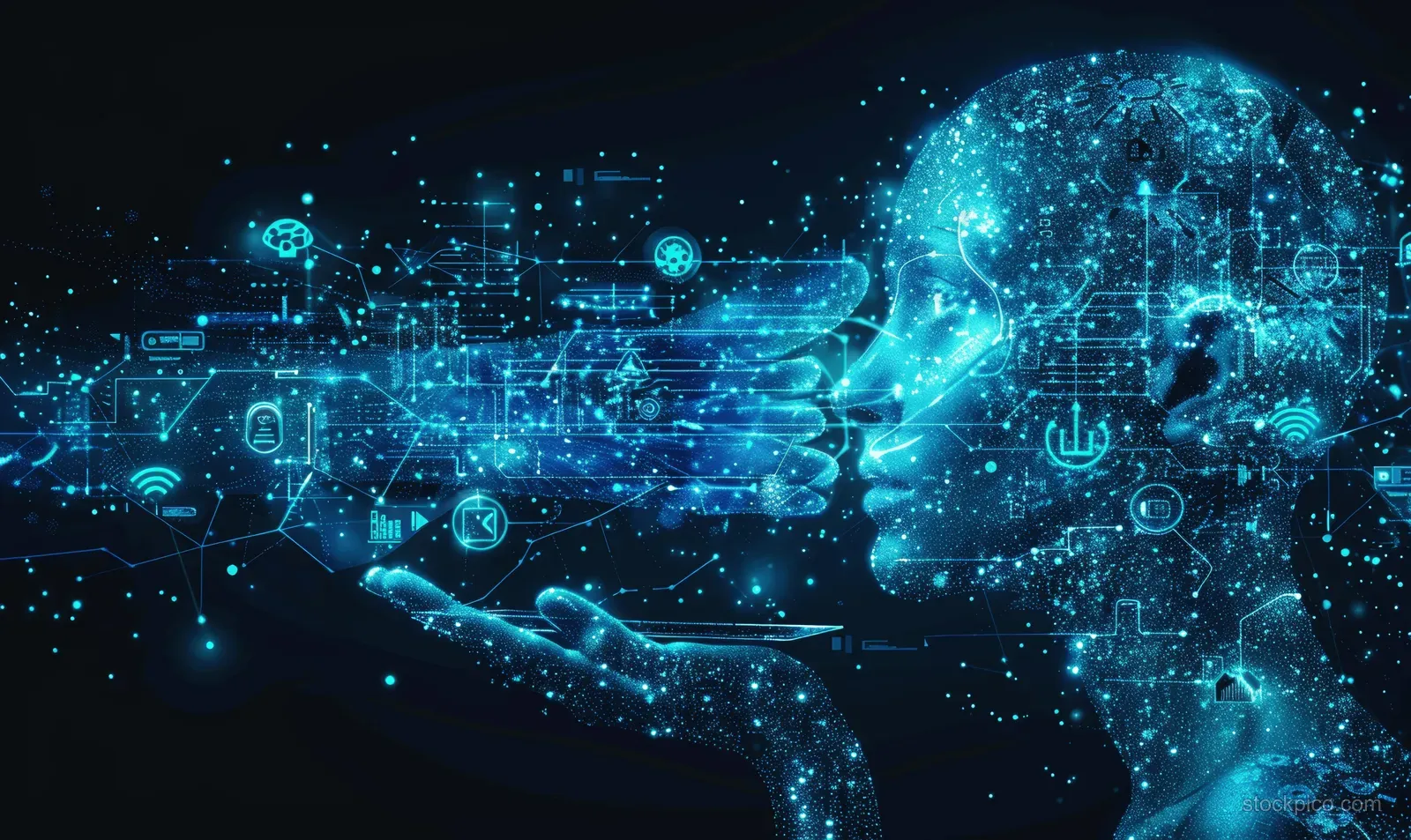 A human silhouette faces a glowing digital network with floating communication icons.