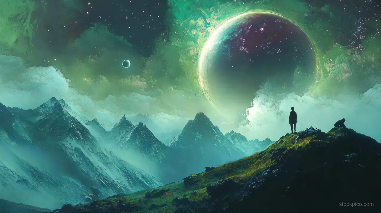 A woman stands on a mountain peak looking at a glowing futuristic planet in misty valleys.