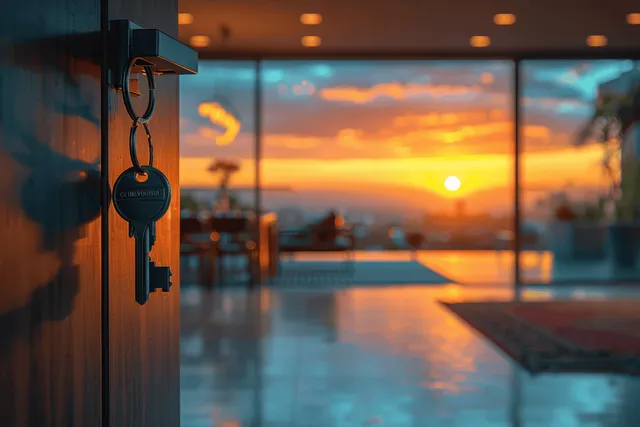 House keyring hanging on apartment door handle with sunset glow through large windows